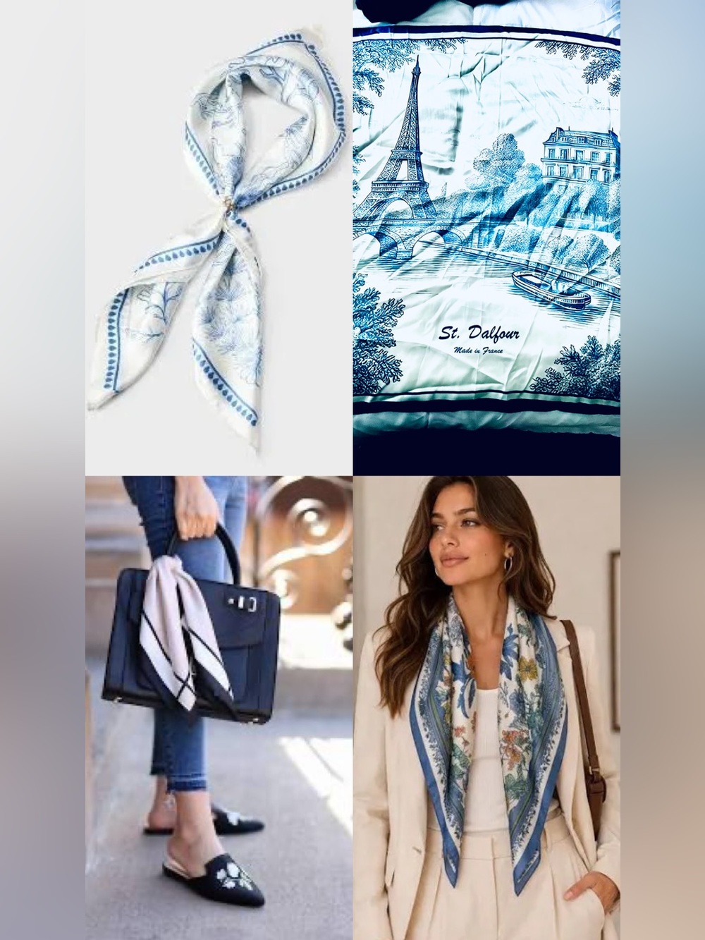 St. Dalfour Scenic Silk Scarf in Blue and White made in France Brand new